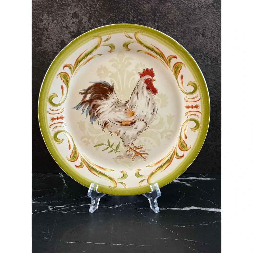 Vintage Pier 1 Imports Hand Painted Ironstone Green Rooster 8 7/8in Plate